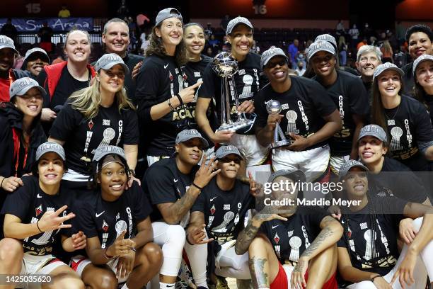 The Las Vegas Aces celebrate defeating the Connecticut Sun 78-71 in game four to win the 2022 WNBA Finals at Mohegan Sun Arena on September 18, 2022...