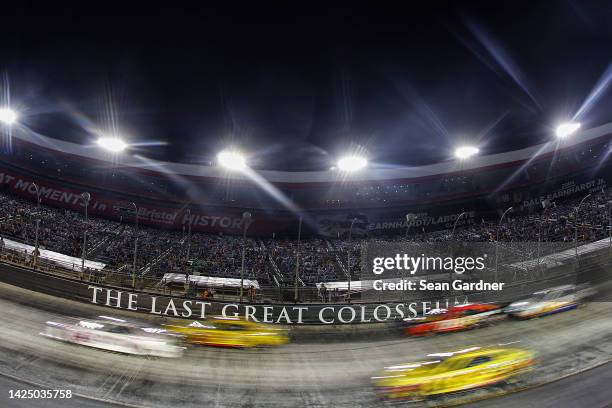 General view of racing during the NASCAR Cup Series Bass Pro Shops Night Race at Bristol Motor Speedway on September 17, 2022 in Bristol, Tennessee.