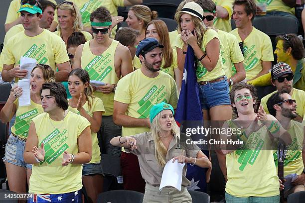 Australian fans cheer during day one of the Davis Cup Asia Oceania Zone Second Round tie between Australia and Korea at Pat Rafter Arena on April 6,...