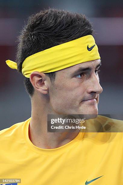 Bernard Tomic of Australia looks on in his singles match against Min-Hyeok Cho of Korea on day one of the Davis Cup Asia Oceania Zone Second Round...