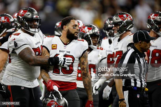 Mike Evans of the Tampa Bay Buccaneers looks on after a fight with Marshon Lattimore of the New Orleans Saints at Caesars Superdome on September 18,...