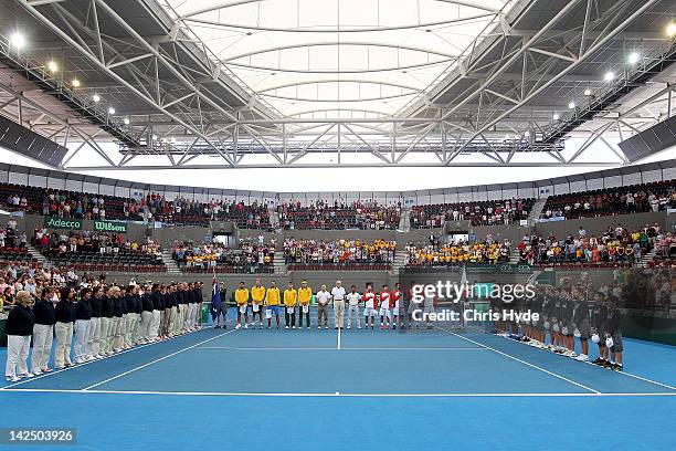 On General view of the opening ceremony during day one of the Davis Cup Asia Oceania Zone Second Round tie between Australia and Korea at Pat Rafter...