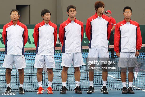 Yong-Il Yoon; Jung-Woong Na; Suk-Young Jeong, Jae-Min Seol and Min Hyeok Cho of Korea during the National athem on day one of the Davis Cup Asia...