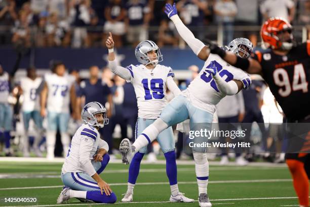 Jalen Tolbert of the Dallas Cowboys reacts after kicking a game-winning field goal against the Cincinnati Bengals during the fourth quarter at AT&T...