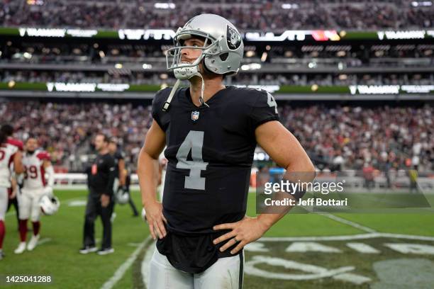 Derek Carr of the Las Vegas Raiders reacts after an overtime loss to the Arizona Cardinals at Allegiant Stadium on September 18, 2022 in Las Vegas,...