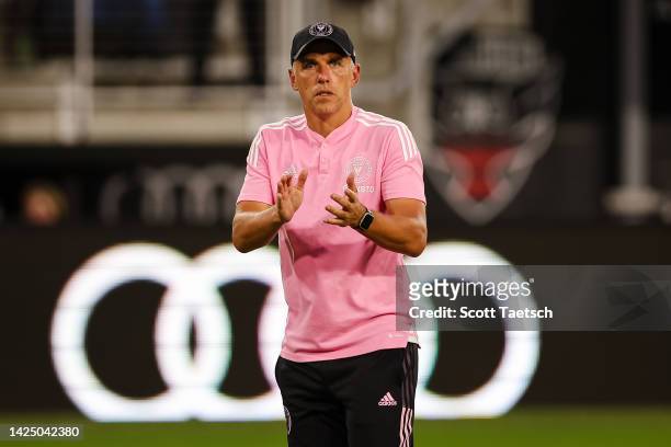 Head coach Phil Neville of Inter Miami celebrates after the MLS game against D.C. United at Audi Field on September 18, 2022 in Washington, DC.