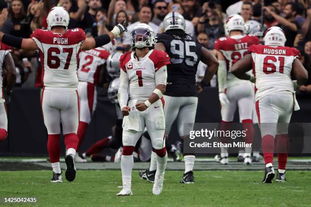 Kyler Murray of the Arizona Cardinals celebrates throwing a two-point conversion with no time left on the clock against the Las Vegas Raiders in the...