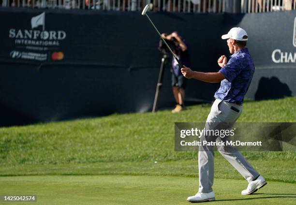 Steve Stricker of United States celebrates after making a birdie putt on the 18th green to win the Sanford International at Minnehaha Country Club on...