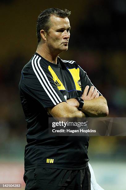 Technical coach Richard Watt of the Hurricanes looks on during the round seven Super Rugby match between the Hurricanes and the Sharks at Yarrow...