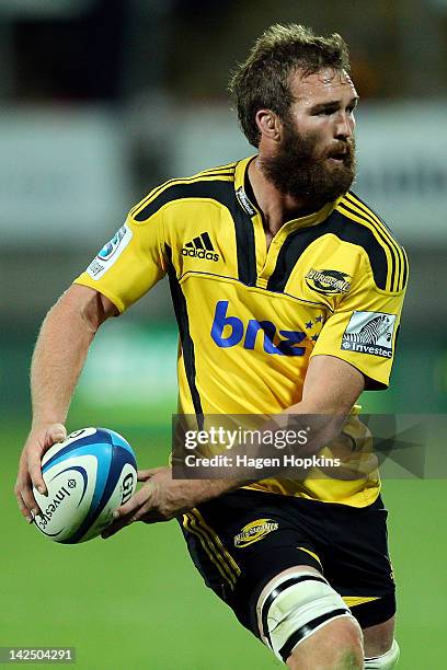 Jason Eaton of the Hurricanes passes during the round seven Super Rugby match between the Hurricanes and the Sharks at Yarrow Stadium on April 6,...