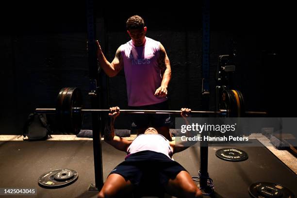 Aaron Smith and Codie Taylor of the All Blacks work out during a New Zealand All Blacks gym training session on September 19, 2022 in Auckland, New...