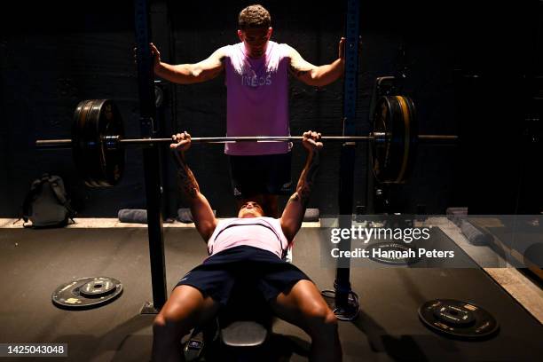 Aaron Smith and Codie Taylor of the All Blacks work out during a New Zealand All Blacks gym training session on September 19, 2022 in Auckland, New...