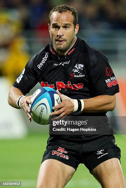 Frederic Michalak of the Sharks runs the ball during the round seven Super Rugby match between the Hurricanes and the Sharks at Yarrow Stadium on...