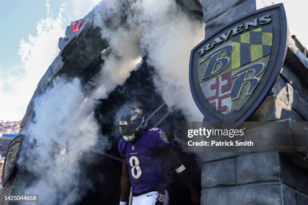 Lamar Jackson of the Baltimore Ravens takes the field before a game against the Miami Dolphins at M&T Bank Stadium on September 18, 2022 in...