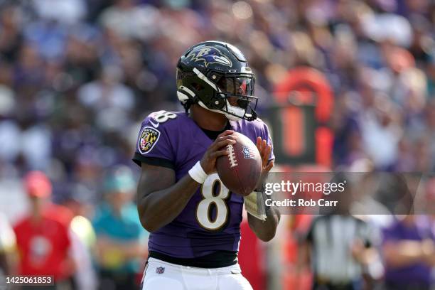 Quarterback Lamar Jackson of the Baltimore Ravens throws a second half pass against the Miami Dolphins at M&T Bank Stadium on September 18, 2022 in...