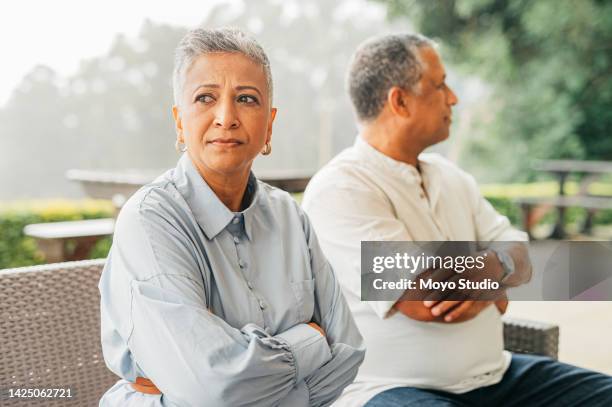 stress, divorce and senior couple fighting on holiday about finance, money and retirement pension fund. marriage, sad and toxic woman angry at frustrated husband about financial budget or tax problem - relationship difficulties stock pictures, royalty-free photos & images