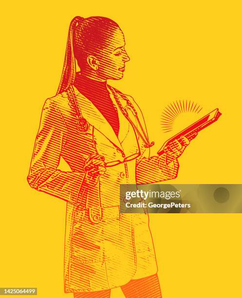 female doctor using digital tablet - lab coat computer stock illustrations