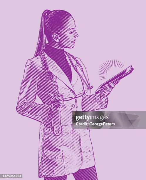 female doctor using digital tablet - woman using digital tablet stock illustrations