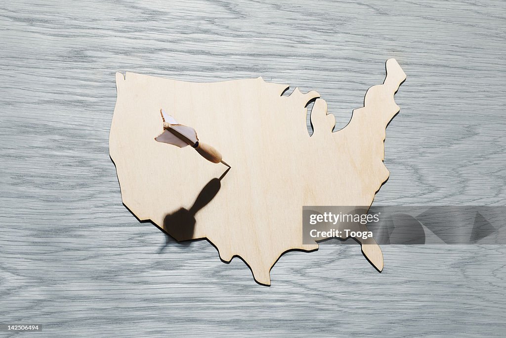 Wood outline of USA with dart as target