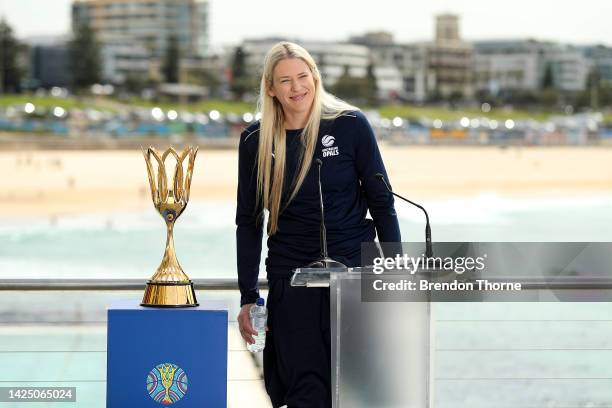 Lauren Jackson of Australia speaks to the media during FIBA Women's Basketball World Cup 2022 media call at Bondi Icebergs on September 19, 2022 in...