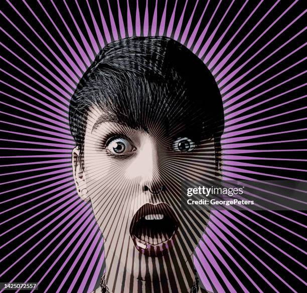 retro style illustration of young woman with shocked facial expression - mouth open stock illustrations