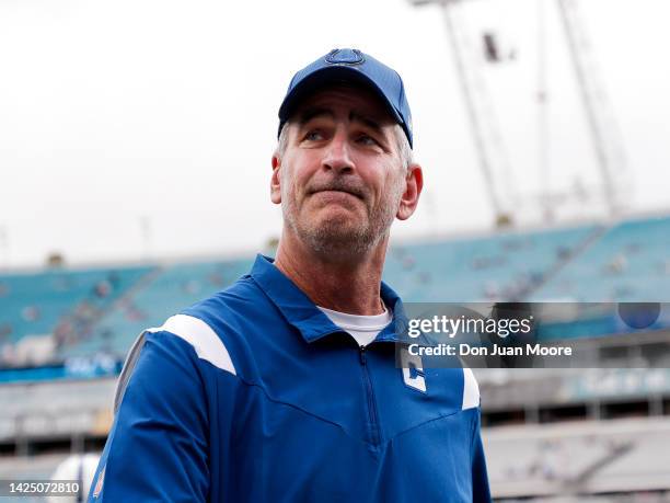 Head Coach Frank Reich of the Indianapolis Colts walks off the field prior to the start of the game against the Jacksonville Jaguars at TIAA Bank...