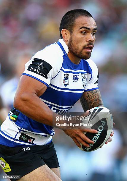 Dene Halatau of the Bulldogs runs with the ball during the round six NRL match between the South Sydney Rabbitohs and the Canterbury Bulldogs at ANZ...