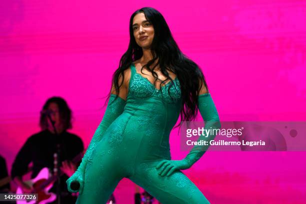 Singer Dua Lipa performs during her Future Nostalgia Tour at Parque Salitre Mágico on September 18, 2022 in Bogota, Colombia.