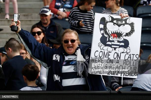 Geelong Cats fans are seen during a Geelong Cats AFL training session at GMHBA Stadium on September 19, 2022 in Geelong, Australia.