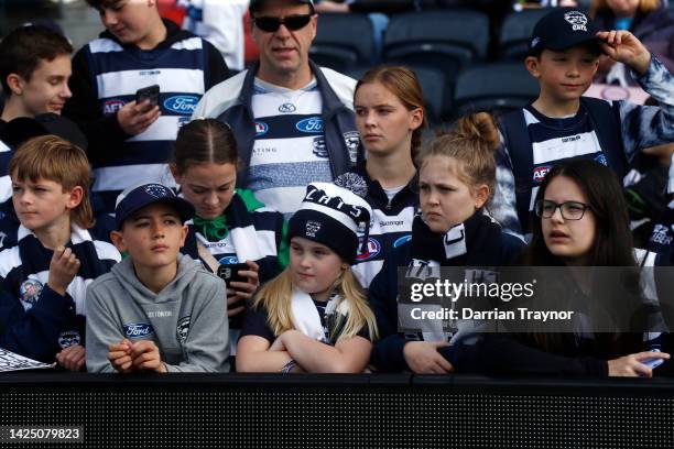 Geelong Cats fans are seen during a Geelong Cats AFL training session at GMHBA Stadium on September 19, 2022 in Geelong, Australia.