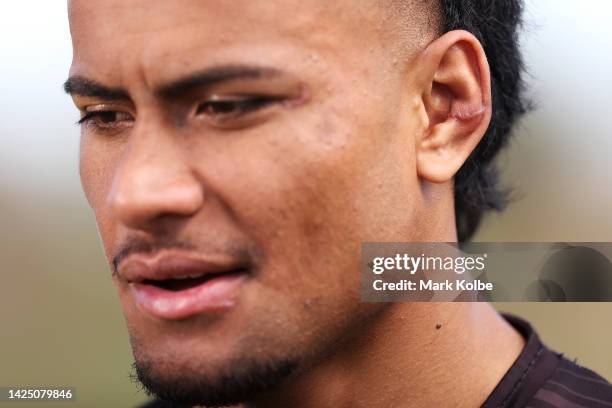 The scar on the ear of Stephen Crichton is seen as he speaks to the media after a Penrith Panthers NRL training session at the Panthers Rugby League...