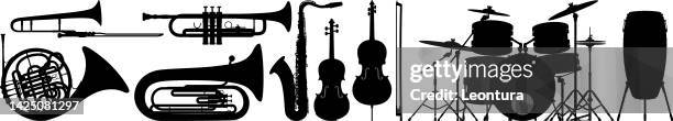 musical instrument silhouettes (trombone, trumpet, french horn, tuba, saxophone, violin/viola, bow, double bass, drum kit and conga) - tuba stock illustrations