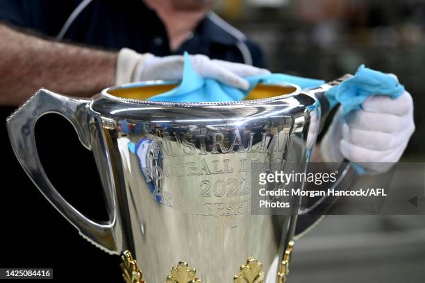 Vin Formosa completes the final touches as the 2022 AFL Premiership Cup Returns to Cash's Trophies To Get Its Final Polish Ahead of AFL Grand Final...