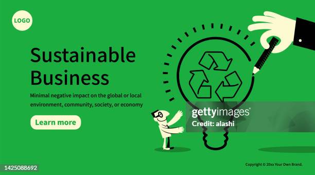 in the concept of sustainable business and environmental protection, a big hand draws an idea light bulb with a recycling symbol to a businessman - social media post template stock illustrations
