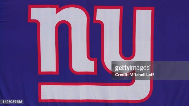 Detailed view of the New York Giants logo against the Carolina Panthers at MetLife Stadium on September 18, 2022 in East Rutherford, New Jersey.