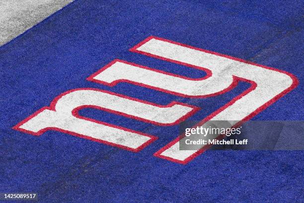 Detailed view of the New York Giants logo in the end zone prior to the game against the Carolina Panthers at MetLife Stadium on September 18, 2022 in...