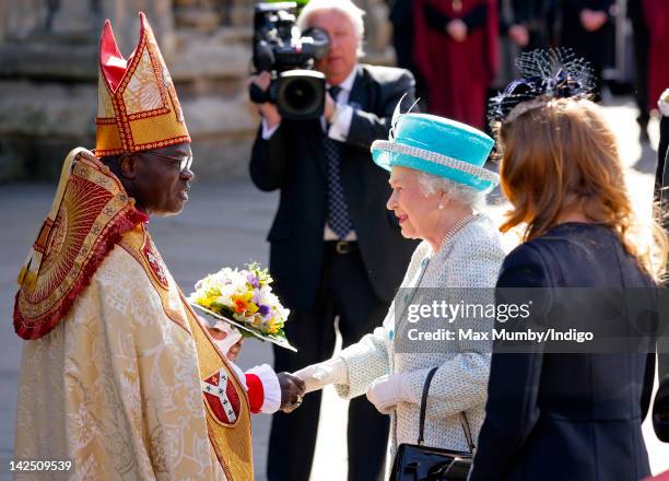 Dr John Sentamu, The Archbishop of York greets Princess Beatrice as she accompanies Queen Elizabeth II and Prince Philip, Duke of Edinburgh to York...