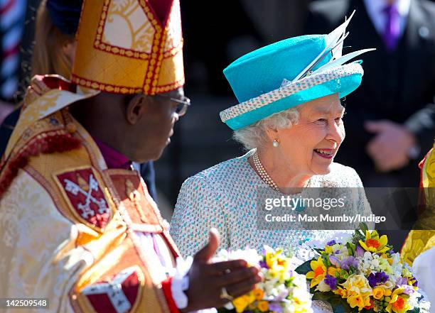 Dr John Sentamu, The Archbishop of York and Queen Elizabeth II leave York Minster after attending the Maundy Thursday Church Service on April 5, 2012...