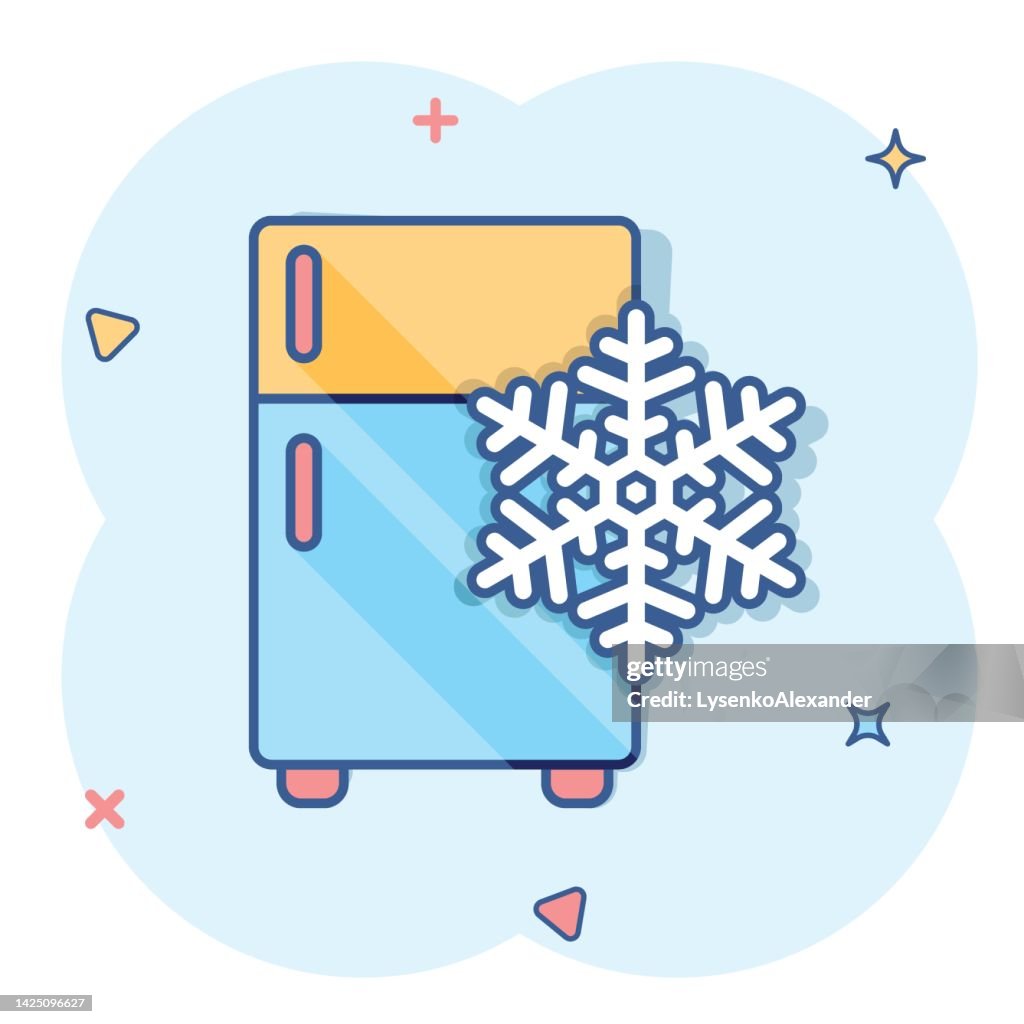 Fridge refrigerator icon in comic style. Freezer container vector cartoon illustration pictogram. Fridge business concept splash effect.