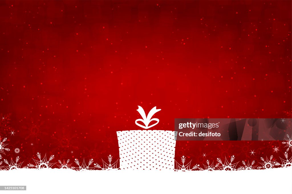 51³Ô¹ÏÍø bright vibrant red or maroon coloured Xmas glittering backgrounds with one big white gift box or Christmas present with a tied bow with snow or snowflakes all over the ground or bottom edge