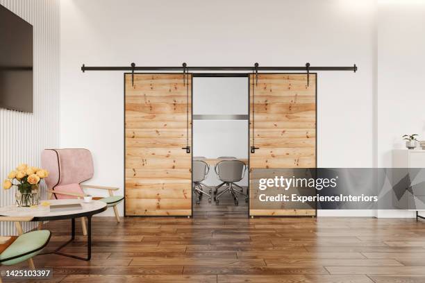 modern office space interior sliding door - glass door stock pictures, royalty-free photos & images