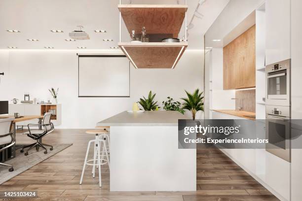 modern open space office kitchen - kitchen wide stock pictures, royalty-free photos & images