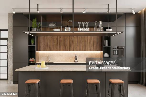 modern office space kitchen interior - kookeiland stockfoto's en -beelden