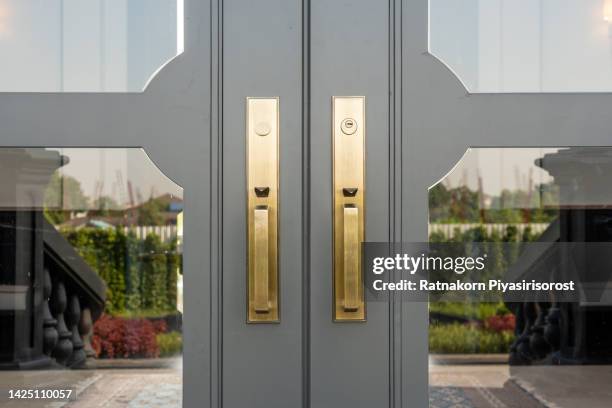 a grand entrance way leading up to an ornate wood door with green trees. - french doors stockfoto's en -beelden