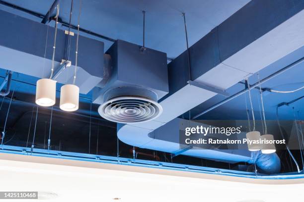 bare ceiling with air duct, cctv, air conditioner pipe and fire sprinkler system on white ceiling wall. air flow and ventilation system. ceiling lamp light with opened light. interior architecture. - industrial fan stock pictures, royalty-free photos & images