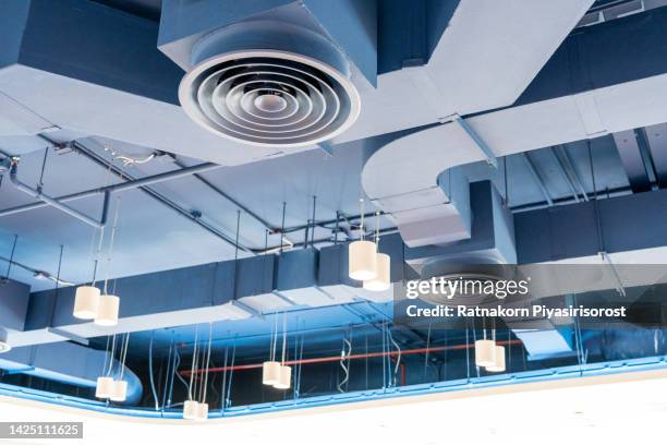 bare ceiling with air duct, cctv, air conditioner pipe and fire sprinkler system on white ceiling wall. air flow and ventilation system. ceiling lamp light with opened light. interior architecture. - air duct repair stock pictures, royalty-free photos & images