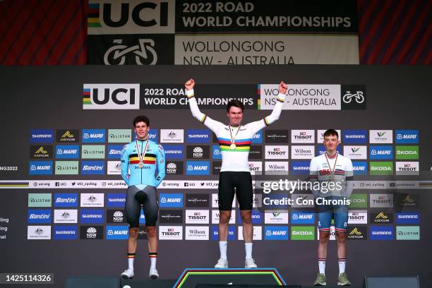 Silver medalists Alec Segaert of Belgium, gold medalists Søren Waerenskjold of Norway with world Champion Jersey, and bronze medalists Leo Hayter of...