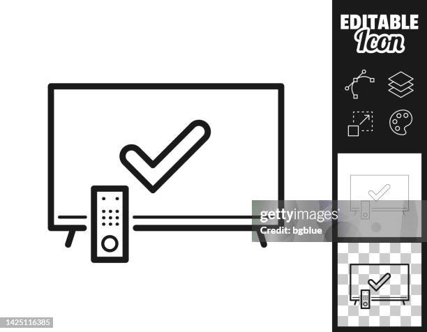 fernseher mit häkchen. icon für design. leicht editierbar - breitwand stock-grafiken, -clipart, -cartoons und -symbole