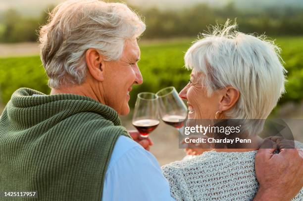 bicchieri da toast di coppia, proprietari di terreni agricoli e vigneti. sorriso della donna anziana, felice uomo anziano ricco e tempo di pensionamento insieme. generazione ricca, proprietario di un'azienda vinicola e felicità della libertà finanziaria - african travel smile foto e immagini stock