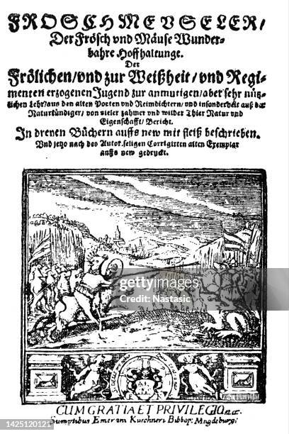 georg rollenhagen (1542-1609) was one of the most important writers and school dramatists of his time. he froschmeuseler satirically opposes the war and supports bourgeois ethics - protestantism stock illustrations